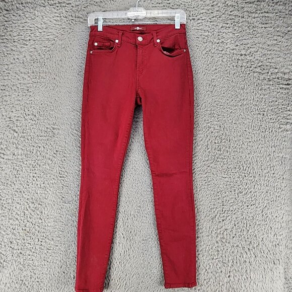 7 For All Mankind Pants Womens 27 Red Stretch Mid Rise Skinny *GUC* - Picture 1 of 13